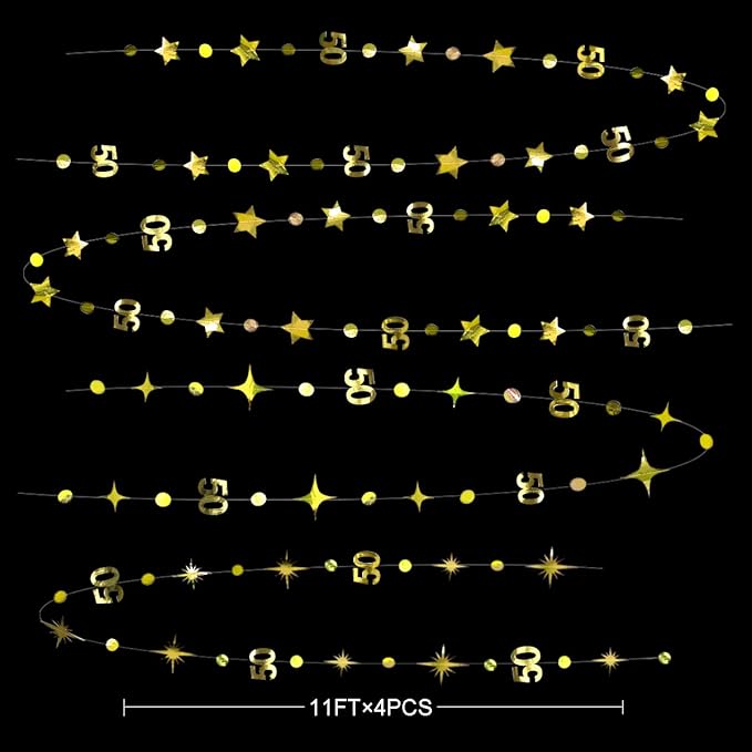 Gold 50th Birthday Decorations Number 50 Circle Dot Twinkle Star Garland Metallic Hanging Streamer Bunting Banner Backdrop for 50 Year Old Birthday Happy 50th Anniversary Fiftieth Party Supplies