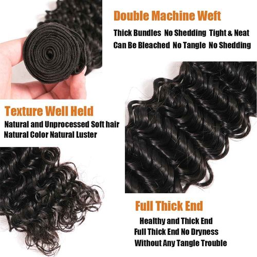 Deep Wave Bundles Human Hair 3 Bundles 12A Brazilian Virgin Human Hair Deep Curly Wave Extensions 100% Unprocessed Human Hair Weave Bundles Natural Black Color 12 14 16 Inch