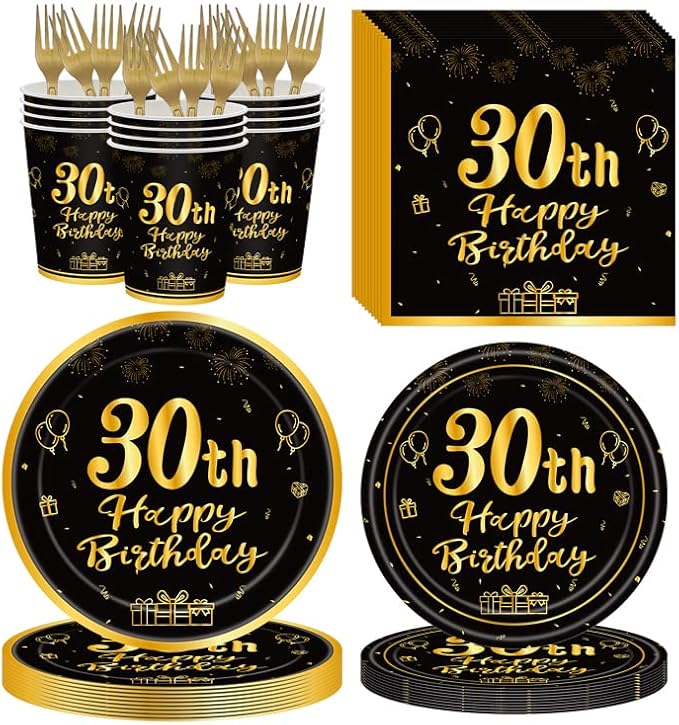120Pcs 30th Birthday Party Supplies Plates Napkins Cups Forks Tableware Set Gold Black Happy 30th Birthday Themed Disposable Tableware Decoration Serves 24 Guests for Men Women 30 Years Old