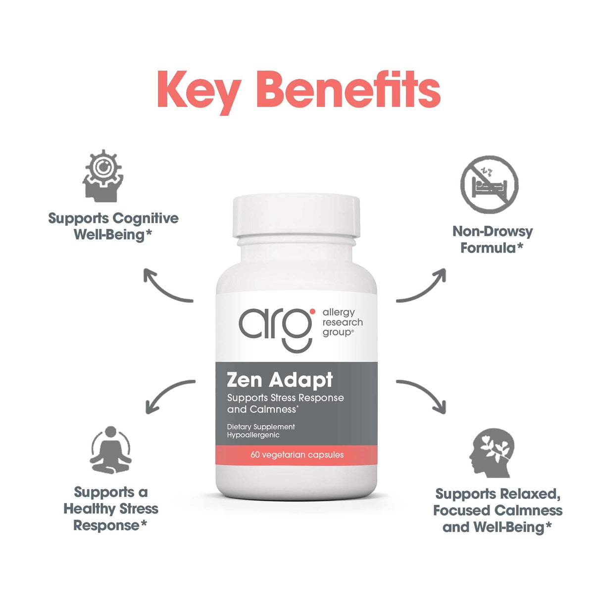 Allergy Research Group Zen Adapt - 200 mg L-Theanine, 125 mg Ashwagandha & 550 mg GABA - Supports Stress Response and Calmness - Vegetarian Capsules - Hypoallergenic Formula - 30 Servings - 60 Count