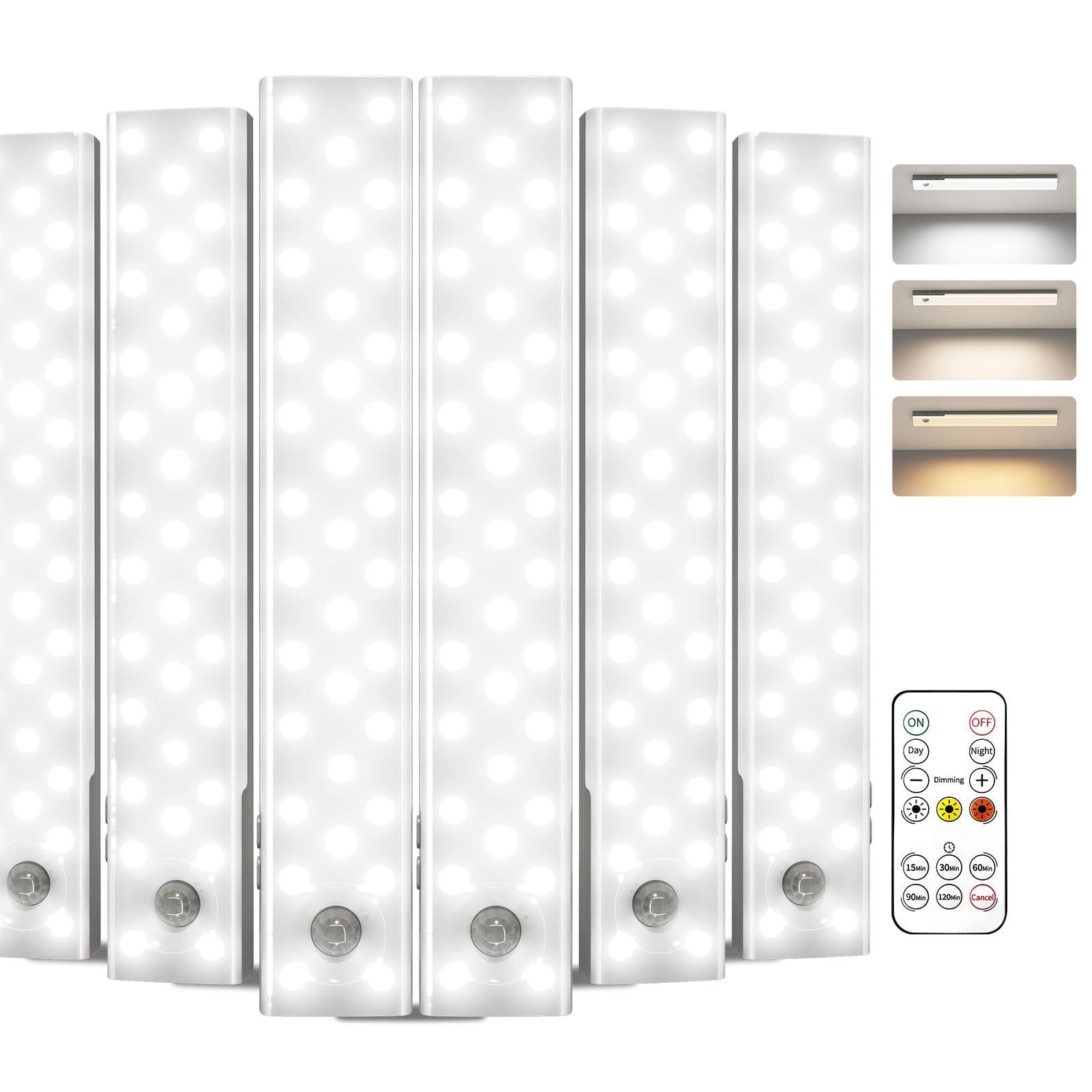 EZVALO 6-Pack Under Cabinet Lighting, 2000mAh Rechargeable Wireless Motion Sensor Lights, 62LEDs, 3 Color Temps, Dimmable, Timer, Magnetic, with Remote Control for Kitchen, Closet, Stair
