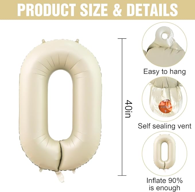 Number 0 Balloon Beige,40 Inch Large Cream Foil 0 Helium Balloons for Boys Girls Birthday Anniversary Decorations