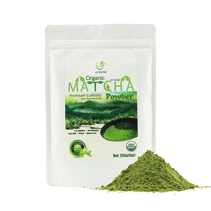 EFOOFAN Matcha Organic Green Tea Powder - Premium Culinary Grade (9OZ) - USDA/JAS/EC Certified Organic - Japanese Tencha Tea Flavor - Te Verde Macha Organico Latte Powder Unsweetened