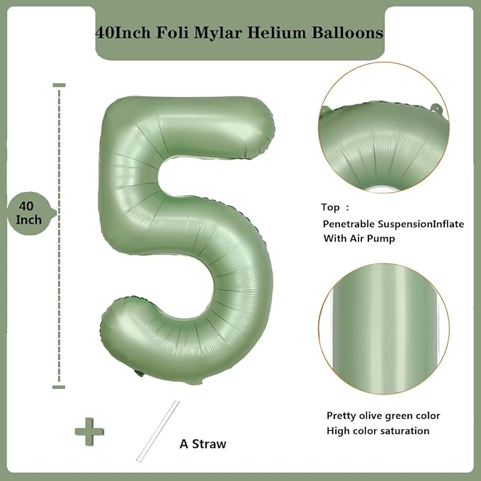 40 Inch Green Number Balloon 5 Olive Green Foil Balloon Sage Green 5 Balloons Mylar Helium Balloon for Birthday Party Decorations Girls Boys Baby Shower Wedding Anniversary Decoration (Number 5)