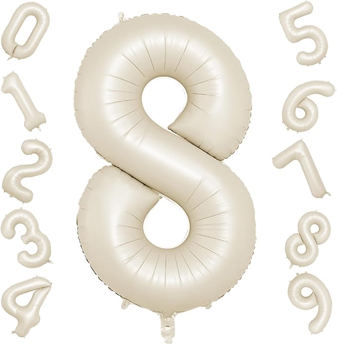40 Inch Cream Number 8 Balloon, Beige Large 8th Birthday Balloons, Digital 8 Cream White Giant 8 Foil Balloon Helium for Boys Girls 8th Birthday Decorations Anniversary Baby Shower Party Decorations
