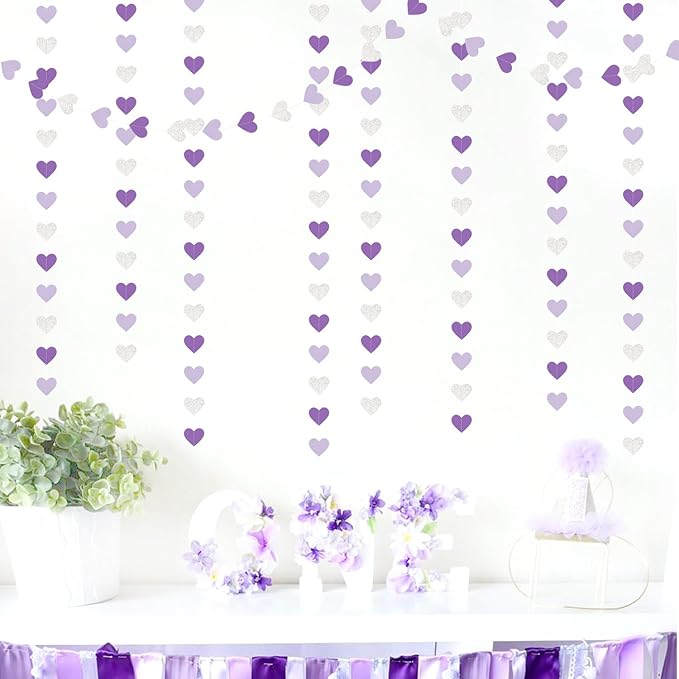 Purple Silver Birthday Party-Decorations Streamers - 52FT Graduation Hanging Heart Garland Banner,Valentines Baby Bridal Shower Engagement Wedding Anniversary Bachelorette Backdrop Decor Hugtmr