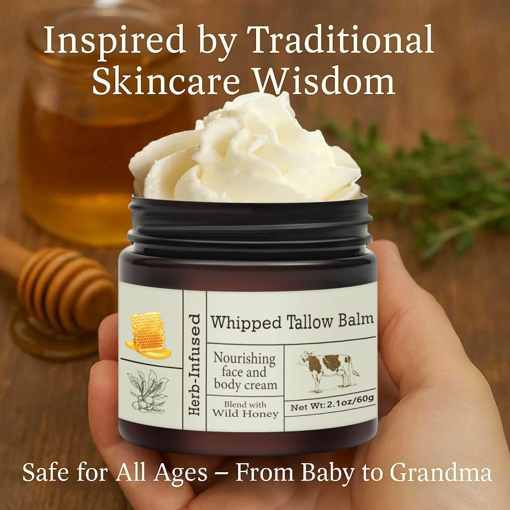 URQT Beef Tallow for Skin - Organic Grass-Fed Whipped Beef Tallow and Honey Balm - Deeply Moisturizing for Face & Body - Natural Skin Care for Soft, Supple Skin