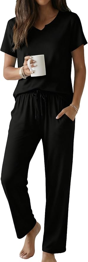 Ekouaer 2 Piece Womens Pajamas V Neck Short Sleeve Top and Long Pants Pjs Print Lounge Set Sleepwear