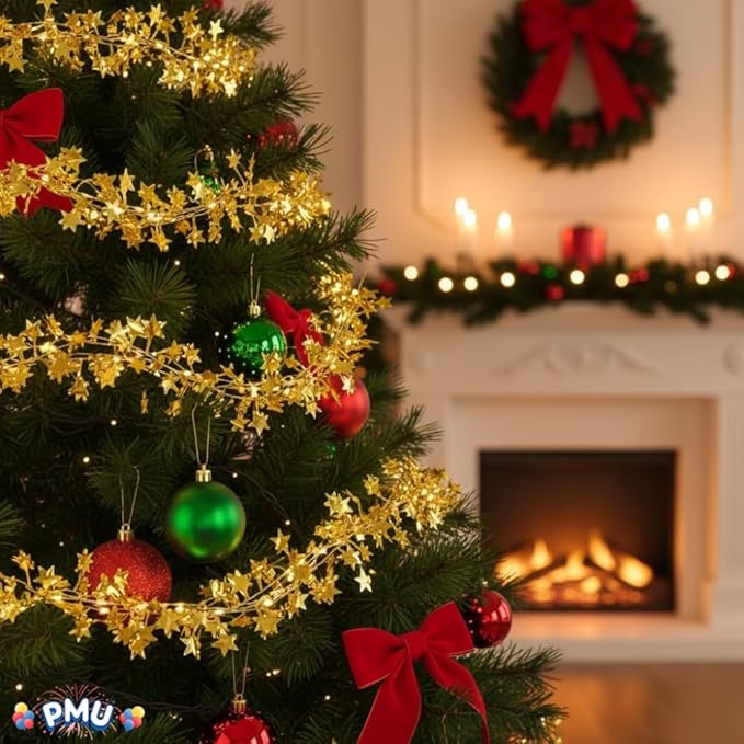 PMU 25 Ft Star Wire Shiny Garland Gold - Halloween, Christmas Party, Wedding, Birthday, Festive Home Decoration Ornament Gold