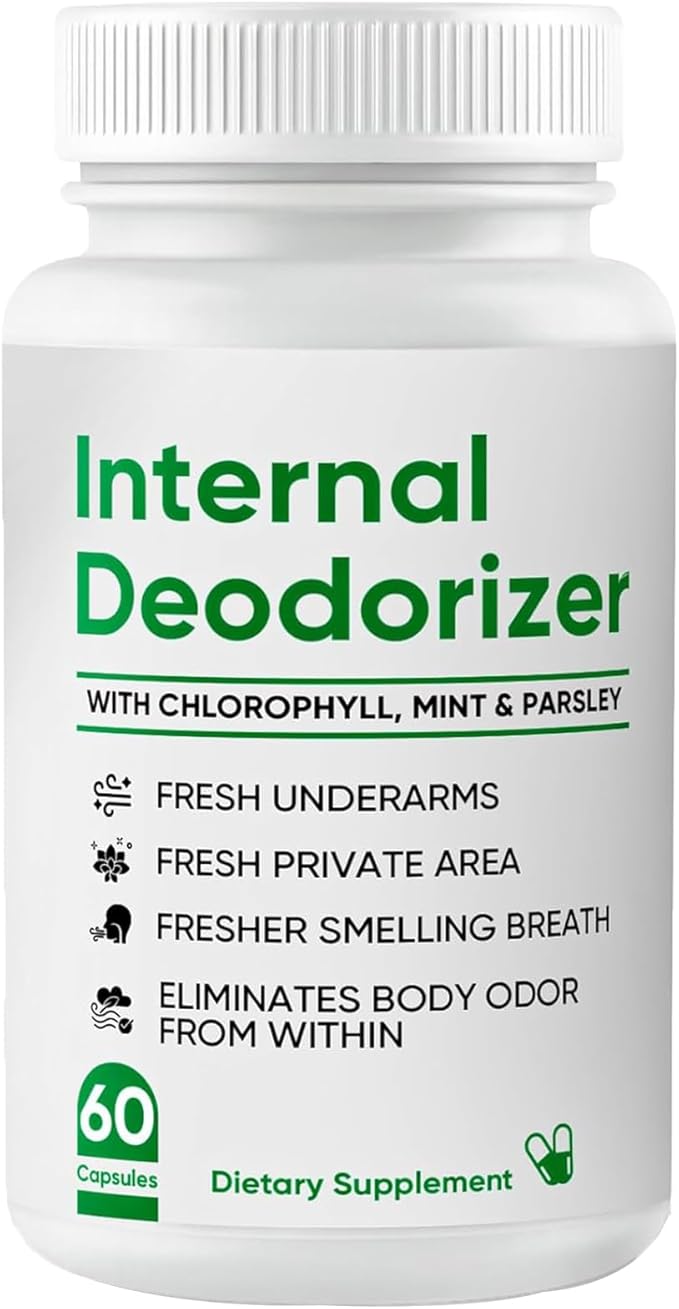 Internal Deodorizer - Breath Freshening, Body Deodorizing Supplement with Chlorophyll, Mint & Parsley, Chlorophyll Deodorant Capsules for Body Odor, Bad Breath, 60 Count