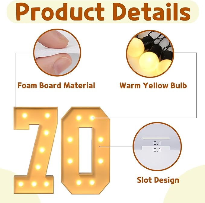 imprsv 3FT Marquee Light Up Numbers, Marquee Numbers 70th Birthday Decorations for Women Men, Large Light Up 70 Birthday Women Foam Board Anniversary Party Decorations Arch Kit (DIY)