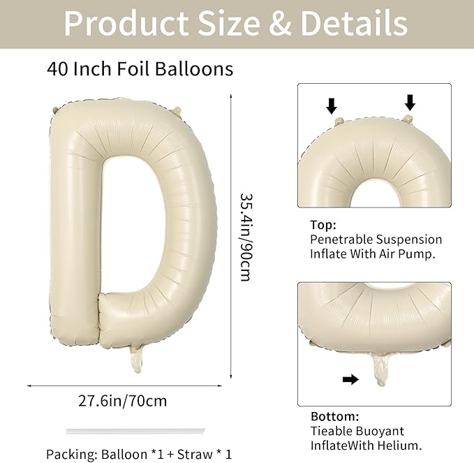 Biapian 40 Inch Giant Cream D Foil Balloons - Big Single Alphabet A-Z, Beige Large Aluminum Balloons for Birthday, Baby Shower, Wedding, Anniversary Party Decoration