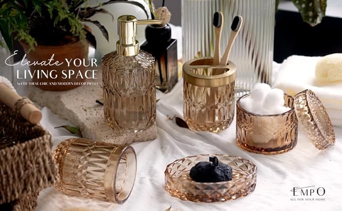 EMPO 6PCS Bathroom Clear Glass Accessories Set (Lotion Soap Dispenser, Soap Dish, Toothbrush Holder, Tumbler, Cotton Swab Jar), Contemporary Modern Decor Crystal Vintage Gift (6pcs Brown)