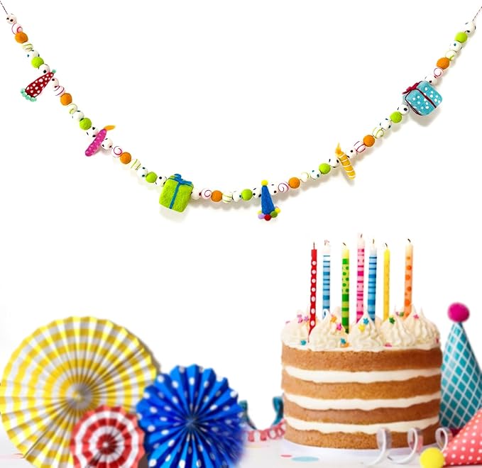 Pre-Strung Happy Birthday Banner, Colorful Felt Ball Garland, Felt Party Hats, Birthday Candles, Personalized Banner Sign for Holiday Decor Birthday Party Decoration