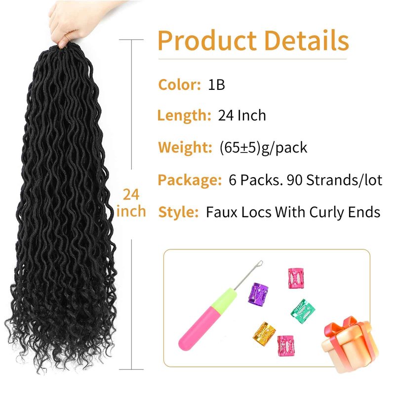 Goddess Locs Crochet Hair 24 Inches 6 Packs Pre Looped Faux Locs Crochet Hair For Women Soft Bohemian Crochet Faux Locs With Curly Ends(1B, 24 Inch, 6 Packs)