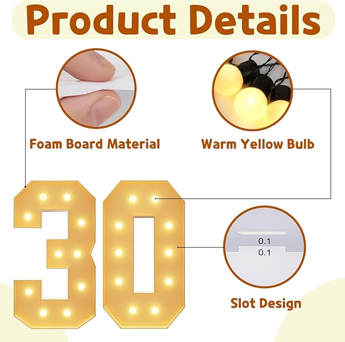imprsv 4FT Light Up Numbers, Marquee Numbers 30th Birthday Decorations for Women, Men Foam Board Anniversary Party Decorations Arch Kit (DIY)