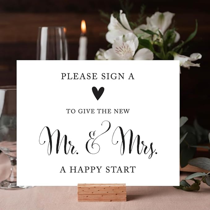 Andaz Press Wedding Party Signs, Formal Black and White Print, 8.5x11-inch, Please Sign a Heart to Give the New Mr. & Mrs. a Happy Start Table Sign, 1-Pack