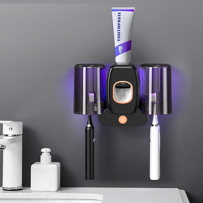 3 in 1 Toothbrush Cleaner Holders,Rechargeable Wall Mounted Toothbrush Holder Toothpaste Dispenser Automatic 2 Cups Tooth Brush Holder for Bathroom, No Drilling, 4 Slots (Black)