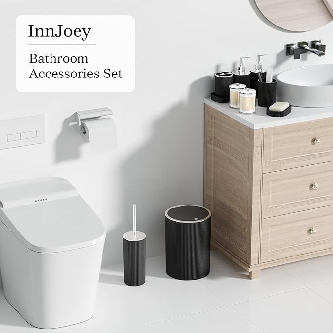 Black Bathroom Accessories Set, 10PC Bathroom Set, Bath Accessory with Pop Up Trash Can, Soap Dispenser, Toilet Brush, Toothbrush Set Qtip Holders & Tray