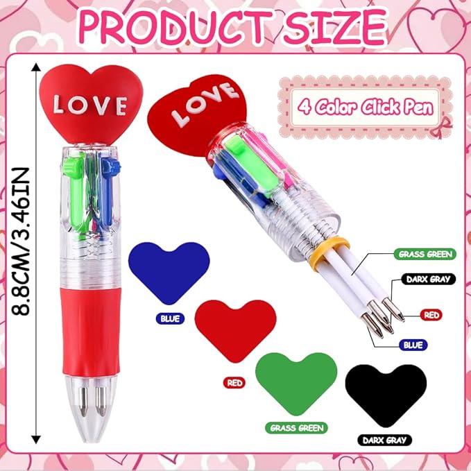 30 Pack Valentines Fun Pens with Cards 0.7mm Cute Animal Multicolor Ballpoint Pens Retractable 4 Colors in One Valentines Stationery Party Favors School Supplies Students Rewards