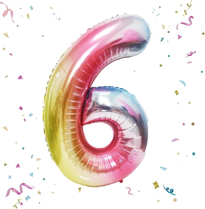 40 Inch Giant Rainbow Number 6 Balloons, Birthday Balloons, Helium Mylar Foil Big Number Balloons for Birthday Party Decorations, Kids' Birthday Anniversary Party Baby Shower Unicorn Parties