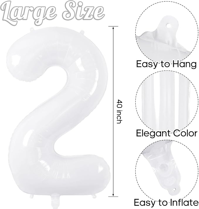 White Number Balloons 40 Inch Helium Mylar Number 2 Balloon for Birthday Party Anniversary Decoration (White, 2)