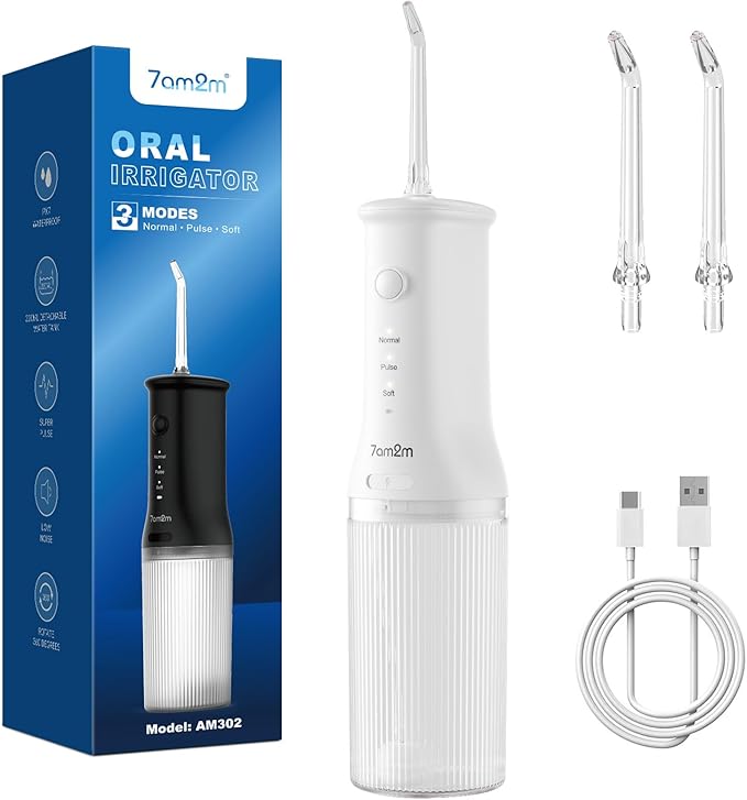 7AM2M Portable Water Flosser Cordless, Water Flosser with 3 Modes and 2 Jet Tips, USB C Rechargeable, IPX7 Waterproof, Dental Water Flosser for Travel and Home Use (White)