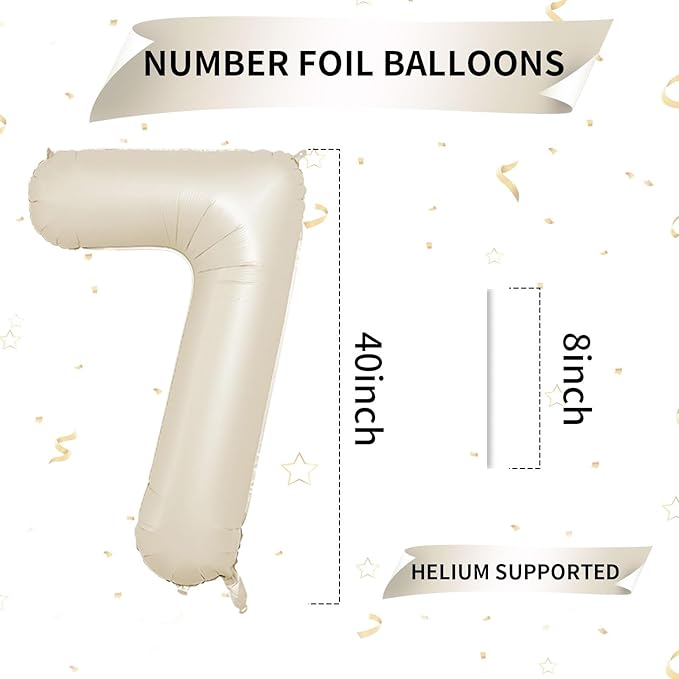 40 Inch Cream Number 7 Balloon, Beige Large 7th Birthday Balloons, Digital 7 Cream White Giant 7 Foil Balloon Helium for Boys Girls 7th Birthday Decorations Anniversary Baby Shower Party Supplies