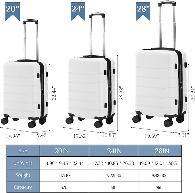 NEWBULIG Suitcases Spinner Wheels Lightweight Expandable Travel Hard Shell Luggage with TSA Lock, White, 3-PCS Set (20/24/28 Inch)