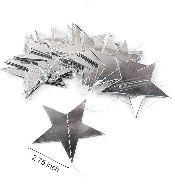 Silver Star Garland Banner Decorations - 156 Feet Bright Silver Paper Garland Hanging Decorations, Glitter Star Bunting Banner for Wedding, Birthday, Holiday, Christmas Party