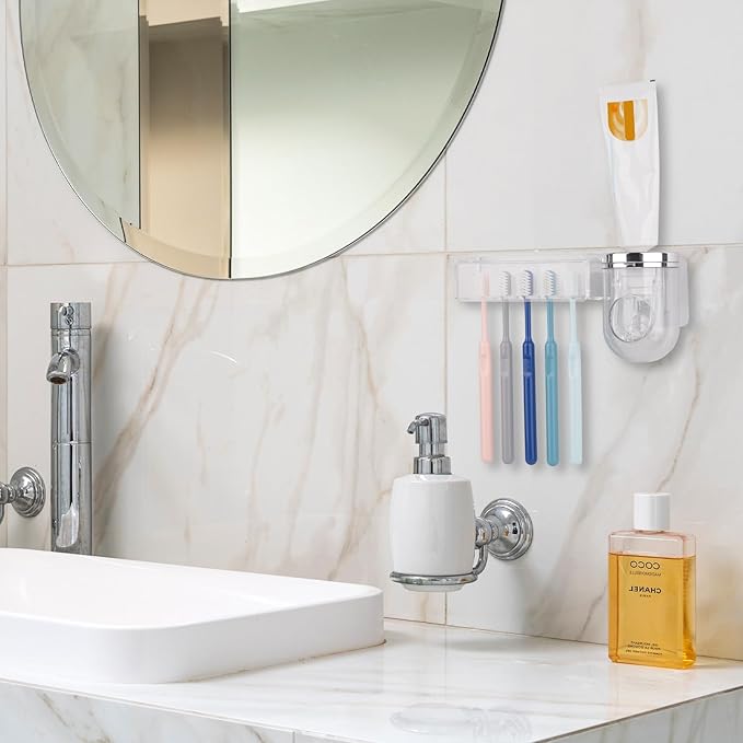 5 Slots Wall Mount Toothbrush Holder with Cover, Self Adhesive Tooth Brush Storage Organizer for Shower Bathrooms, Toothbrush Stand with Automatic Toothpaste Squeezer Dispenser