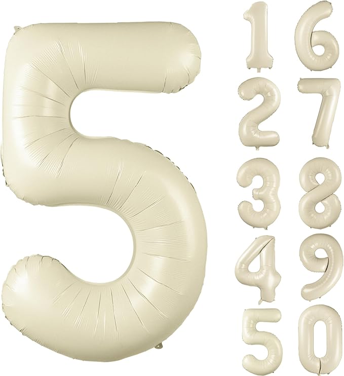 40 inch Cream White Number Balloon Giant Foil Helium Balloons Beige Number 5 Balloon for 5th Birthday Party Anniversary Decorations Supplies