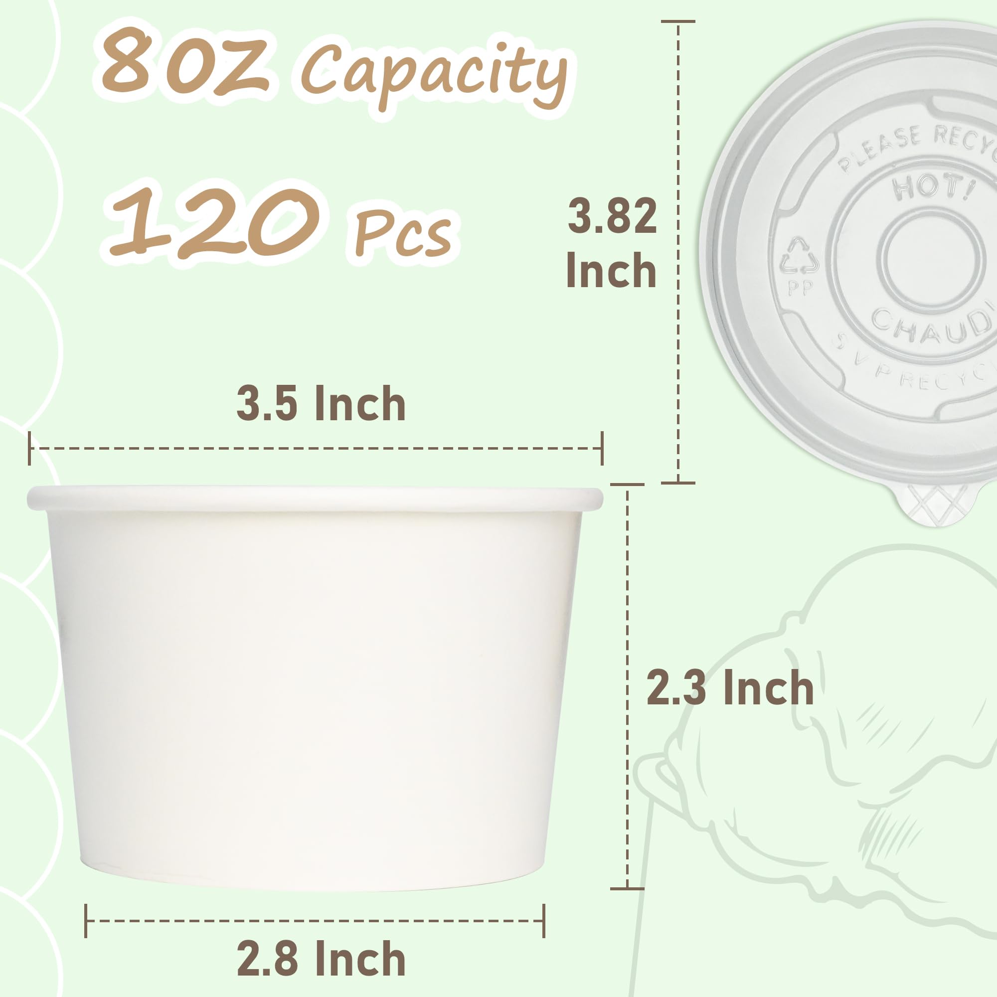 ESSENTIAL Paper Ice Cream Cups with Lids, 120pcs 8oz Disposable Dessert Bowls with Lids for Hot or Cold Food, Paper Snack Containers for Sundae, Frozen Yogurt, Soup (White)