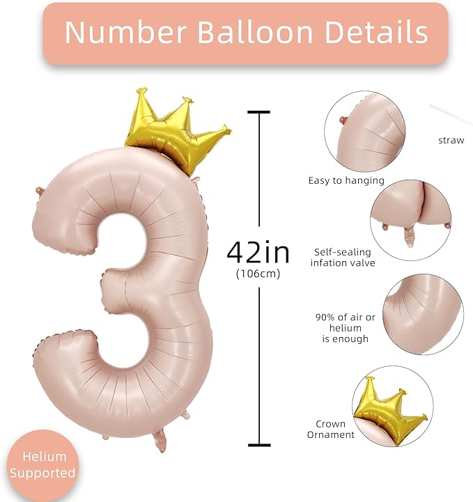 AULE 40 Inch Big Pink 3 Balloon Number with Crown Large Foil Helium Number Balloons 0-9 Jumbo Giant Happy 3rd Birthday Party Decorations Huge Mylar Anniversary Party Supplies
