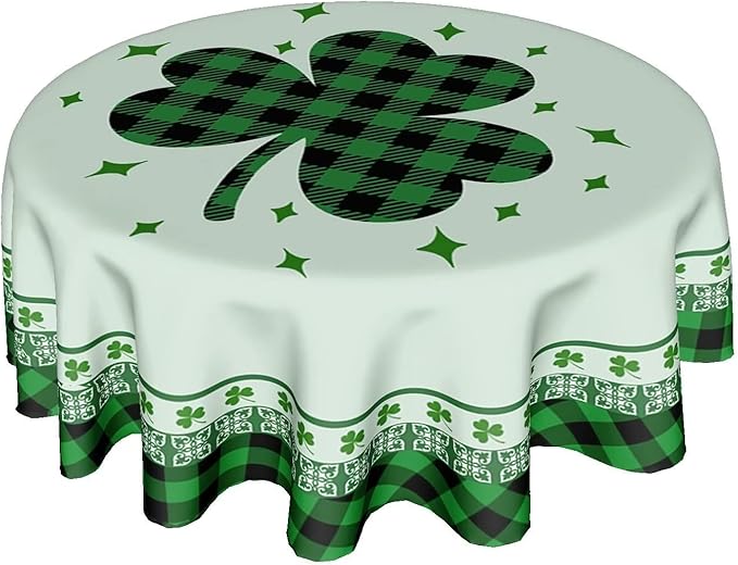 St Patricks Tablecloth Round 60 Inch Green Shamrock Tablecloth Buffalo Plaid Clover Table Cloth Farmhouse St Patrick's Day Tablecloth for Kitchen Holiday Picnic Party Dinner Room Outdoor Decor
