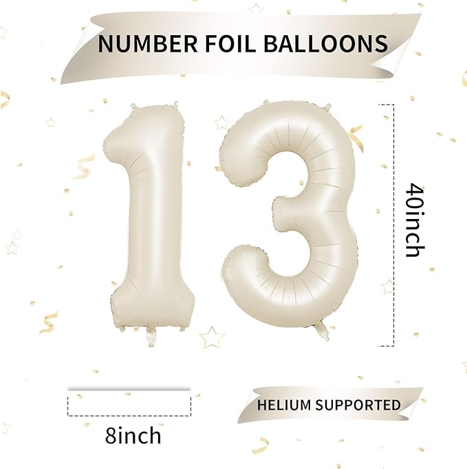 Biapian 40 Inch Cream Number 13 Balloon, 13th Birthday Balloons, Big Digital 13 or 31 Beige White Giant 13 Foil Balloon Helium for 31st 13th Birthday Decorations Anniversary Baby Shower Party Supplies