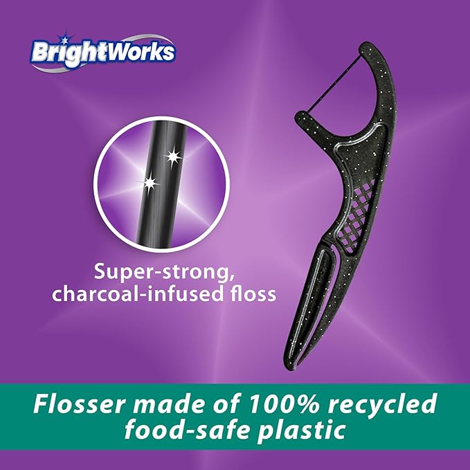 Brightworks ECO Sustainable Floss Picks - 225 Count - PFAS Free - Made in USA Charcoal + Mint Infused 100% Post-Consumer Recycled Plastic with Micro-Crystals for Oral Care Hygiene Gum Health