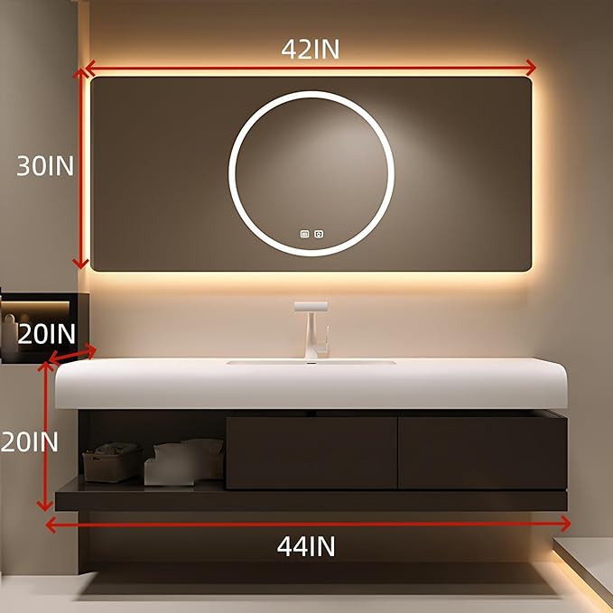 44IN Bathroom Vanity with Sink - Bathroom Cabinet Set has 2 Drawers & Overflow Hole Wall Mounted | LED Practical Defogging Mirror, Open Compartments, Seamless Rock Slab Basin (Coffee)