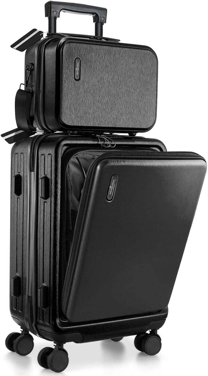 TRAVELARIM 20 Inch Carry On Luggage 22x14x9 Airline Approved, Carry On Suitcase with Wheels, Hard-shell Carry-on Luggage, Durable Luggage Carry-On, Jet Black Small Suitcase with Cosmetic Case