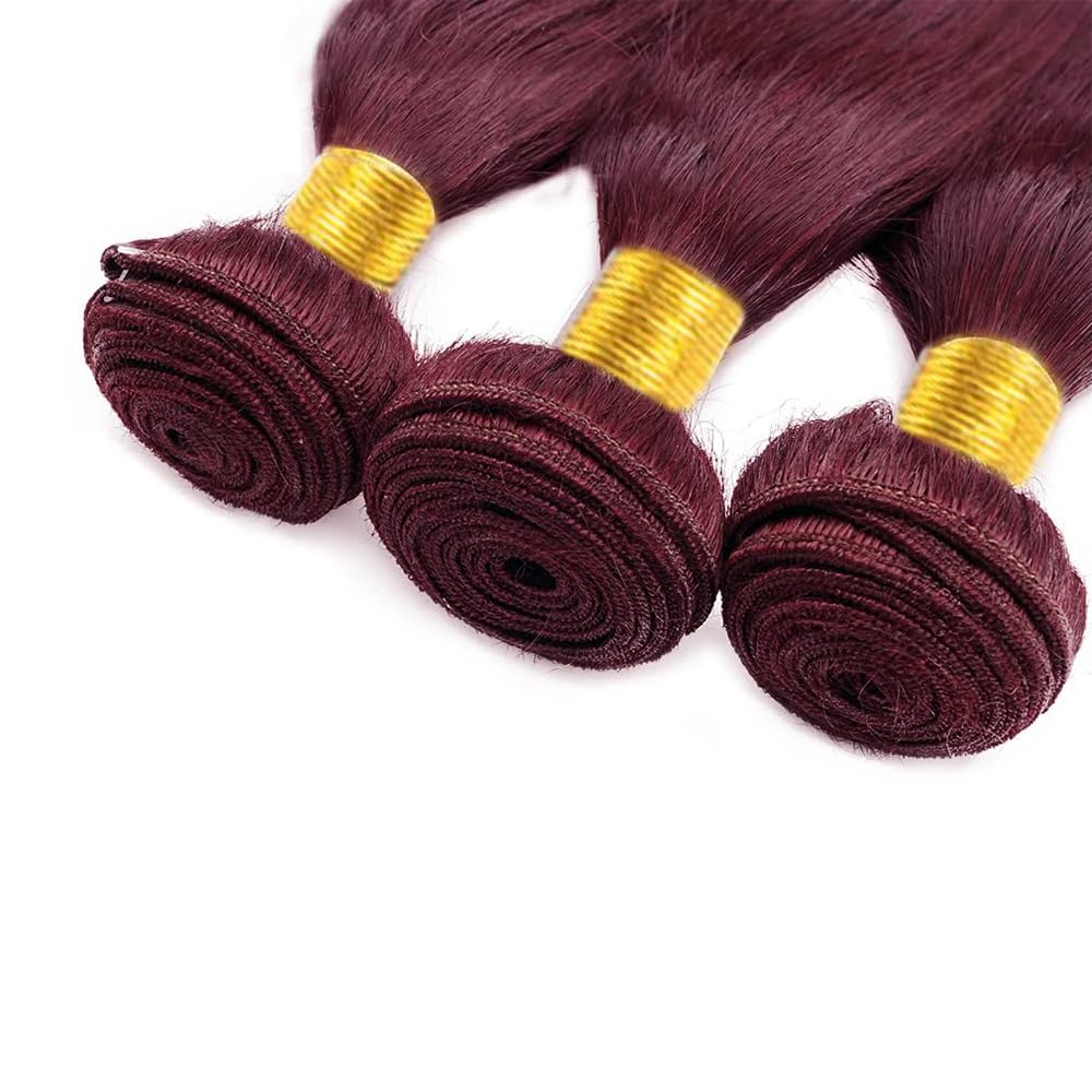 Straight Human Hair Bundles 14 16 18 Inch #99J Burgundy Bundles Human Hair Wine Red 12A Unprocessed Native Virgin Hair 50G Per Bundle 3 Extensions Wet and Wavy Weave for Women