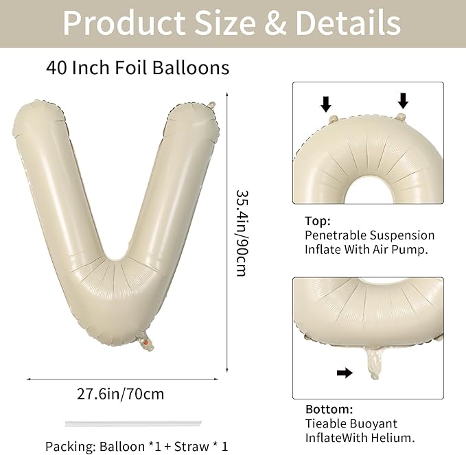 Biapian 40 Inch Giant Cream V Foil Balloons, Large Aluminum V Balloons Helium for Birthday, Baby Shower, Wedding, Anniversary Party Decoration