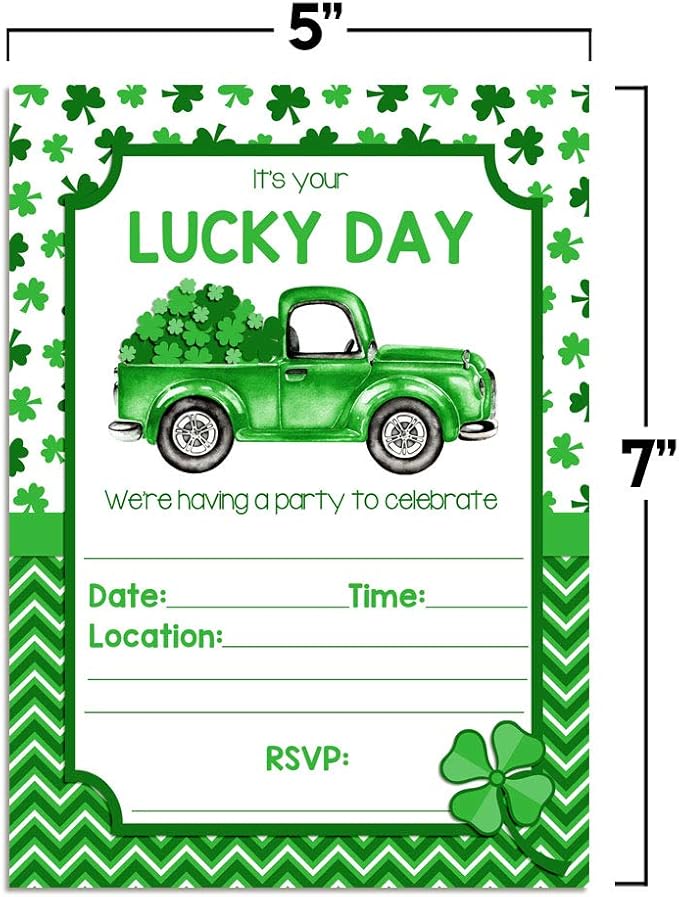 Lucky Day Truck with Clover Birthday St. Patrick’s Day Party Invitations, 20 5x7 Fill In Cards with Twenty White Envelopes by AmandaCreation