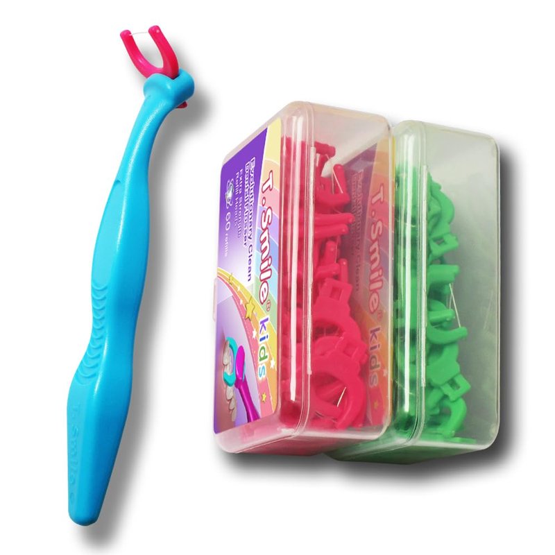 T.Smile Kids Evolutionary Clean Dental Flosser Kit, Child-Sized Handle & Refills, Fluoride Free, for Ages 3+, (Blue Handle + 120 Refills)