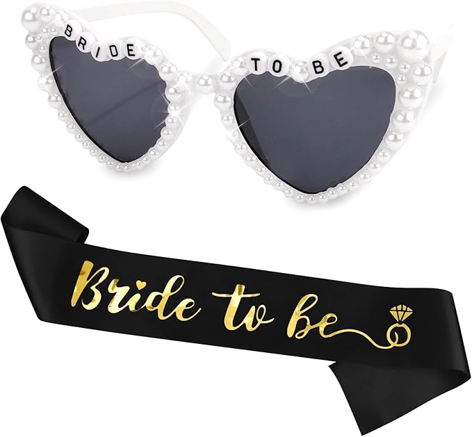 Bride to Be Set: Pearl-Trimmed Heart Sunglasses, Pearl BRIDE Sash & Tulle Veil - Bachelorette Party Bridal Accessories