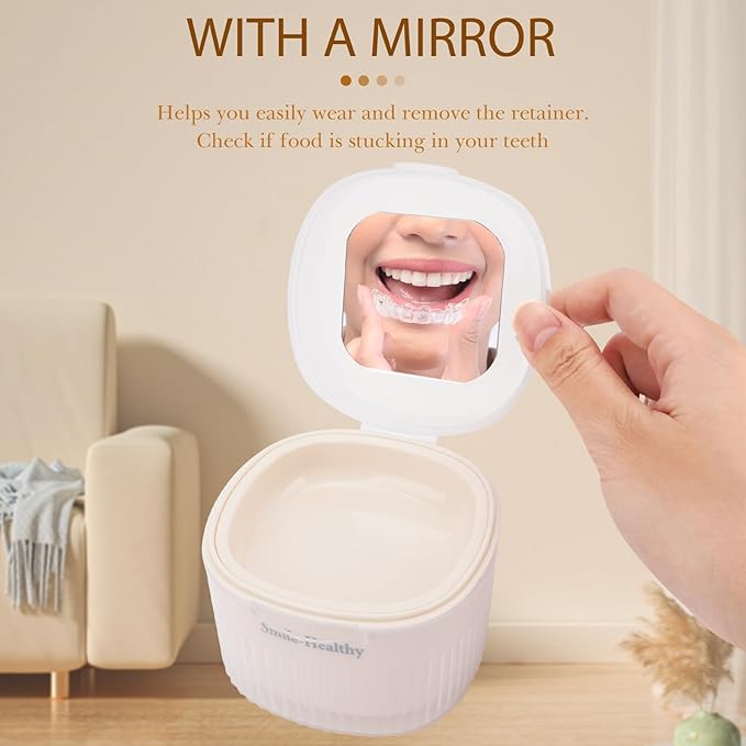 Denture Bath Case with Mirror, False Teeth Container Cups Holder for Storage Soaking Travel Cleaning, Mouth Guard Retainer Case Kit with Strainer Basket, Removal Tool and Cleaning Brush (White)