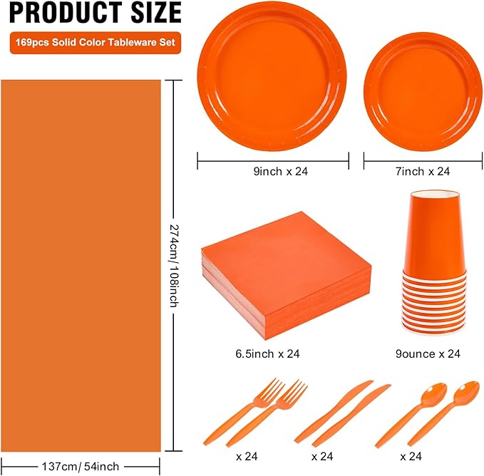 Ottin 169PCS Orange Party Supplies for 24 Guests – Disposable Paper Plates, Napkins, Cups, Forks, Knives, Spoons & Tablecloth for Birthday, Wedding, Halloween, Thanksgiving, Christmas, and New Year