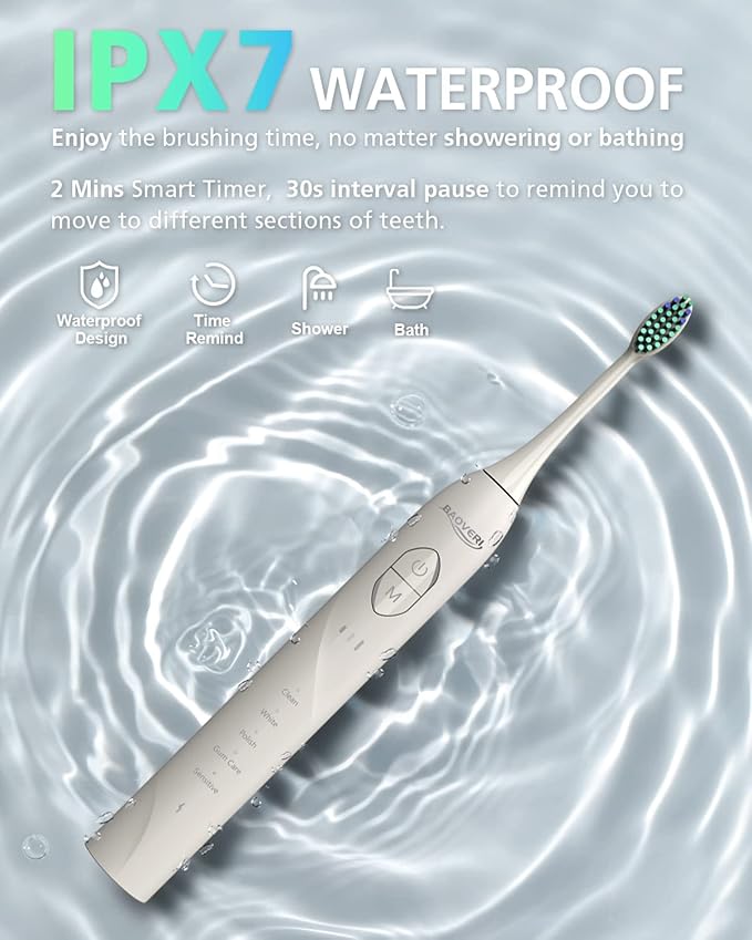 BAOVERI Electric Toothbrush for Adults&Kids, 42000 VPM Rechargeable Sonic Toothbrushe with 8 Brush Heads, 5 Modes & 3 Intensity Levels, IPX7 Waterproof, 2-Min Smart Timer, 4 H Fast Charge for 60 Days