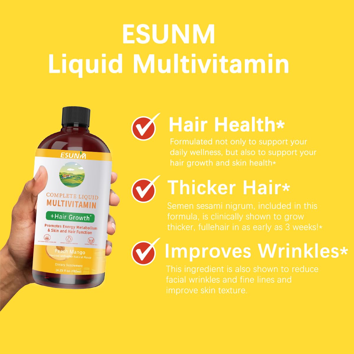 Complete Liquid Multivitamin + Hair Growth, Promotes Energy Metabolism& Skin and Hair Function| Vitamin C D | B Vitamins | Help to Thicker Hair, Wrinkles, Fine Lines, Skin Care (16.23OZ)