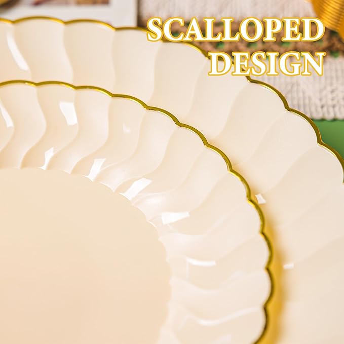 Lullaby 60PCS Light Yellow Scalloped Plastic Plates, Disposable Elegant Plates Include 30pcs Dinner Plate 10.25", 30pcs Plastic Dessert Plate 7.5", Perfect for Wedding and Party