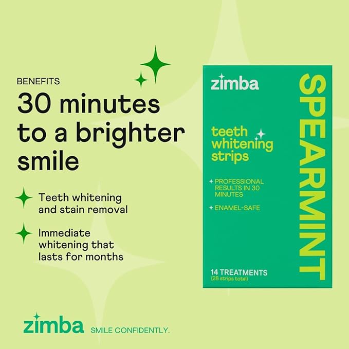 Zimba Teeth Whitening Strips for Teeth Sensitive, White Strips for Teeth Whitening, Teeth Whitener Stain Remover 28 White Strips Included Per Pack, 2 Pack (14 Day Treatment), Spearmint and Watermelon